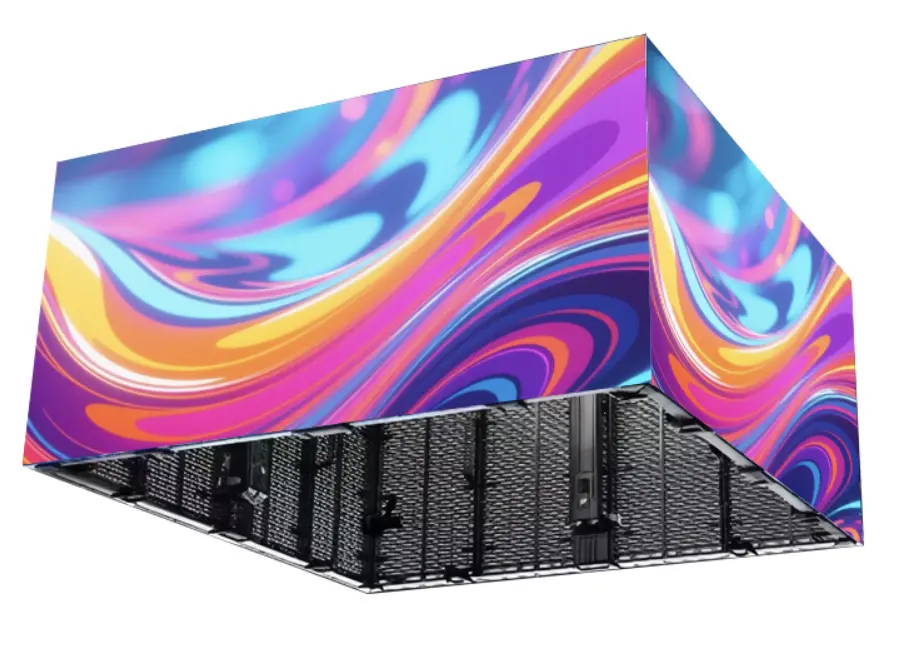 Beveled cabinet for right angle LED display configurations