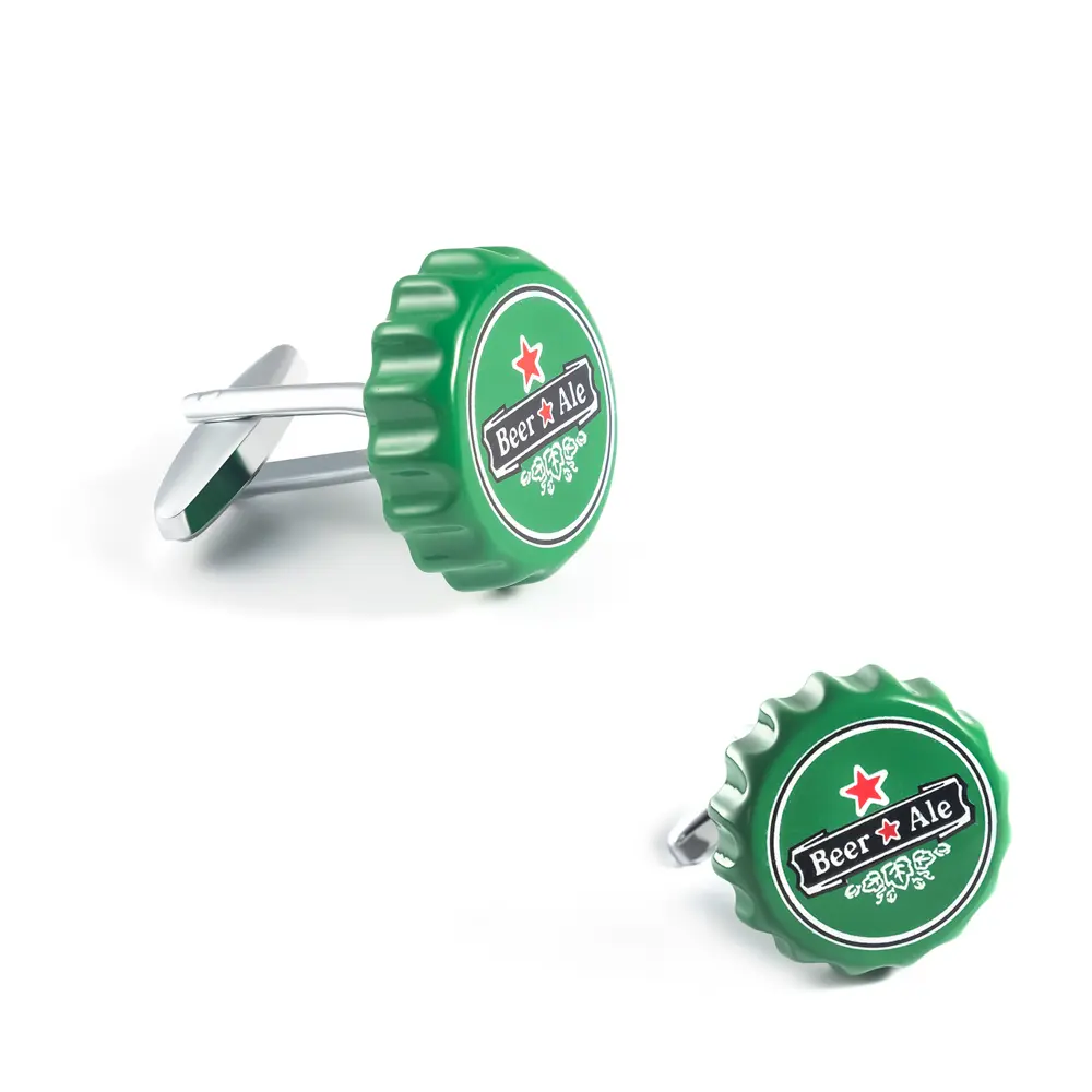 Wholesale Factory Design Funny Novelty Copper Men Jewelry Green Color Beer Cap Cufflinks for Men CC0323 Supplier, Exporter