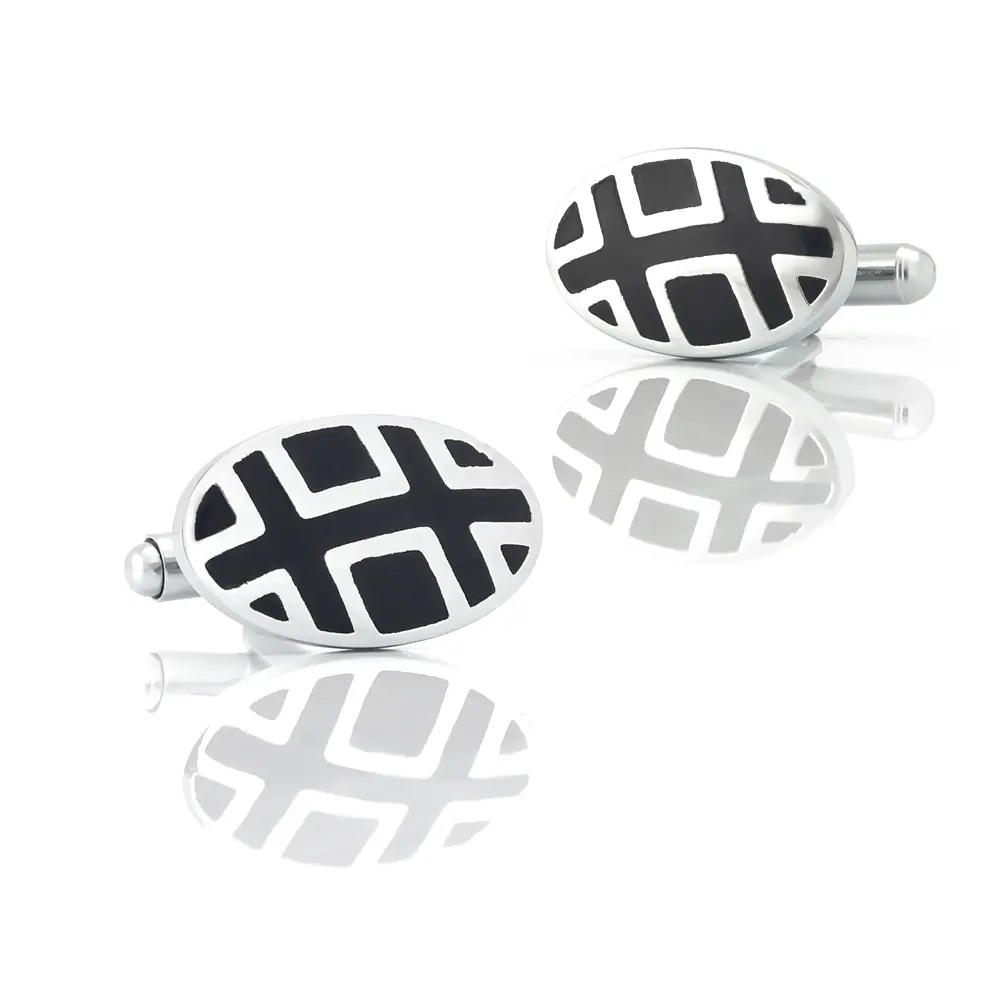 Wholesale Hot Sale Men's French Business Shirt Cufflinks Silver & Balck Enamel Oval Shape Cufflink CC-Q166 Factories, Exporter