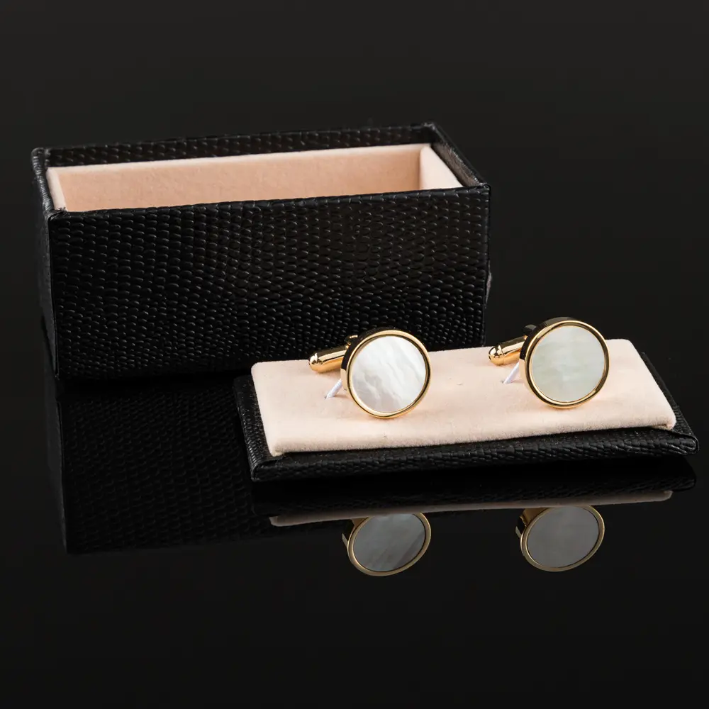 OEM 18k Gold Plated White Mother of Pearl Cufflinks  for Men Shirt Round Shape Exporters, Company