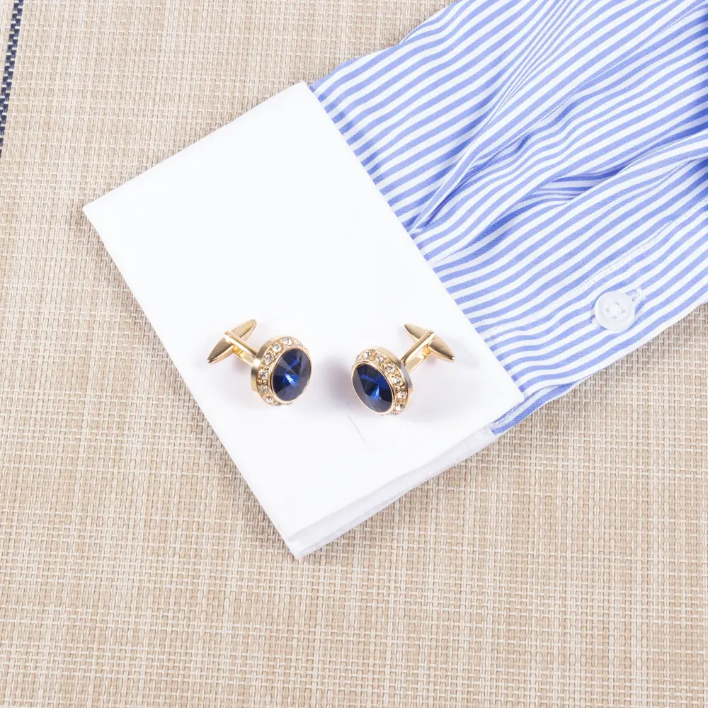 Custom Fashion Round Shaped Blue Golden Custom Stone Gold Plated Cufflinks For Men Shirt CS0077-GL Factories, Exporter