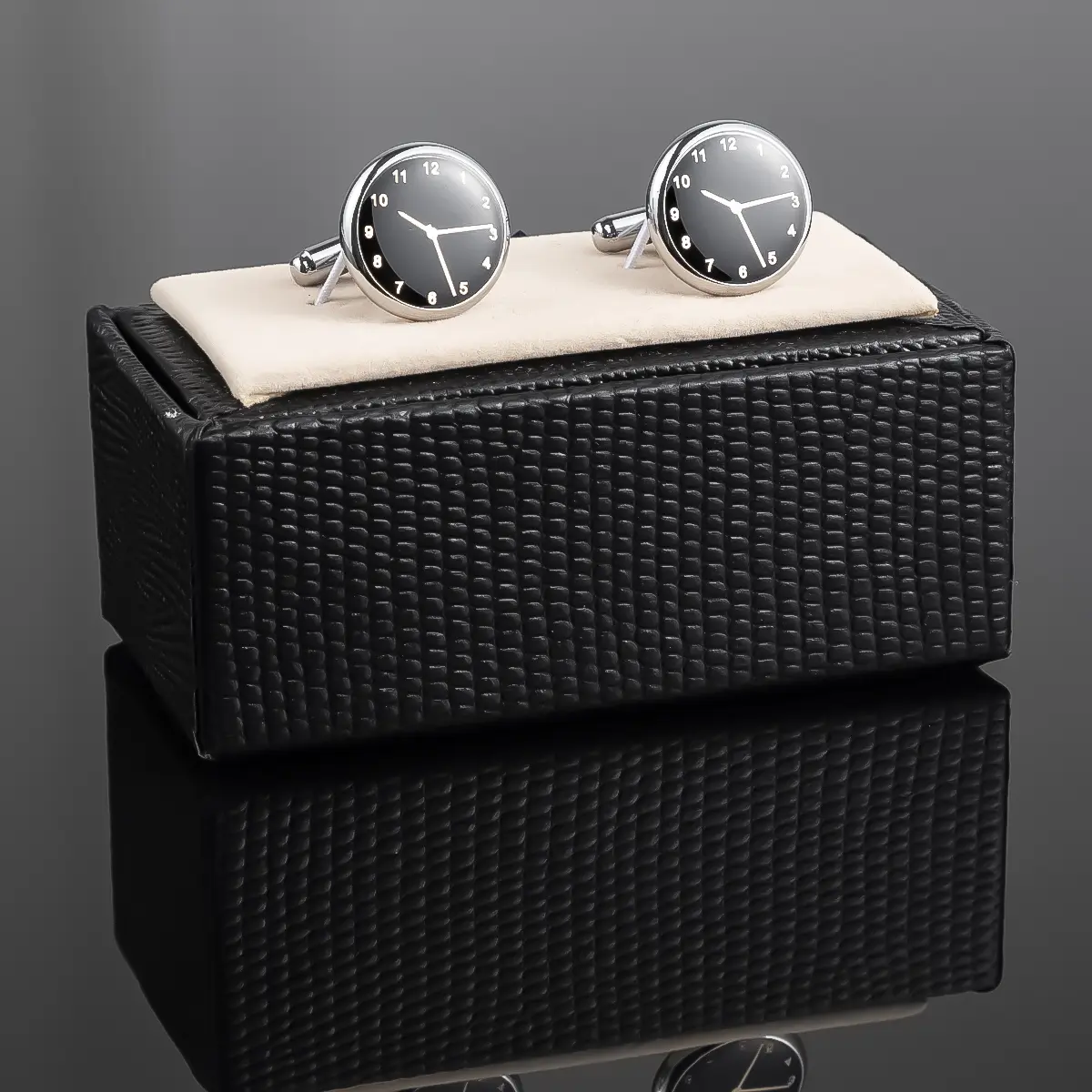 OEM Silver Plated Round Black Watch Clock Design Cuff links Wholesale Factory, Factories