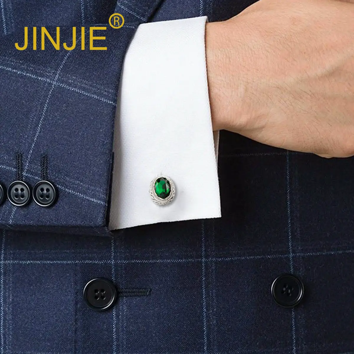 OEM French Luxury High-grade Hollow Metal Green Zircon Diamond Men's Suit Cufflinks Accessories CSW0040-Green Factories, Exporter