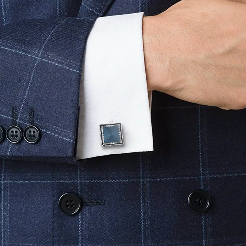 OEM Men's Formal Silver Plated Blue Pattern Square Metal Cufflinks Factories, Companies