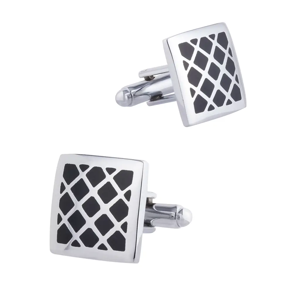 OEM JINJIE Cheap Men Silver Plated Gridding Black Enamel Cuff links Bussiness Wholesale CC-Q023-1 Factory, Exporters