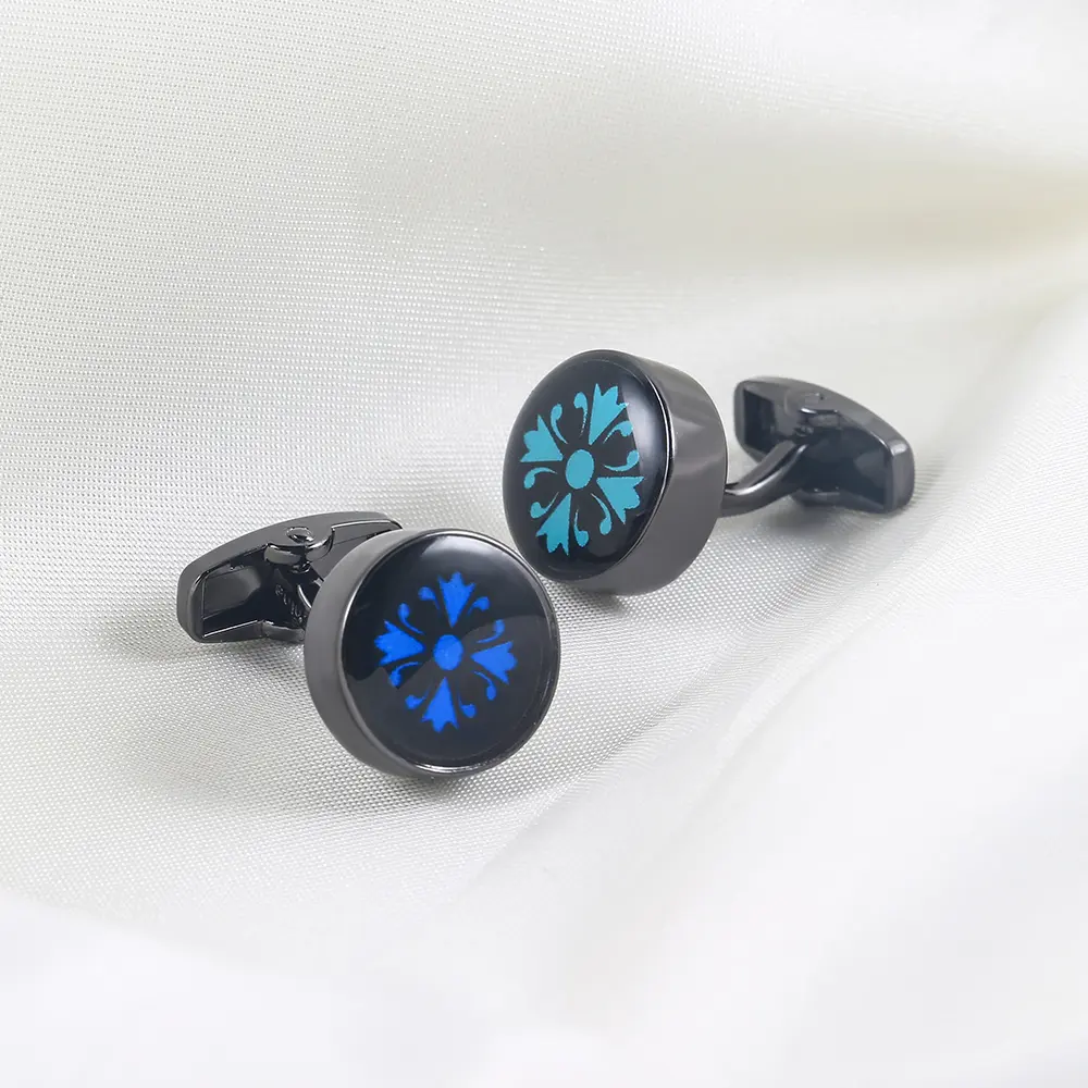 ODM Black & Blue Flower Pattern Cufflinks Men Business Suit Cuffs Accessories Exporter, Company