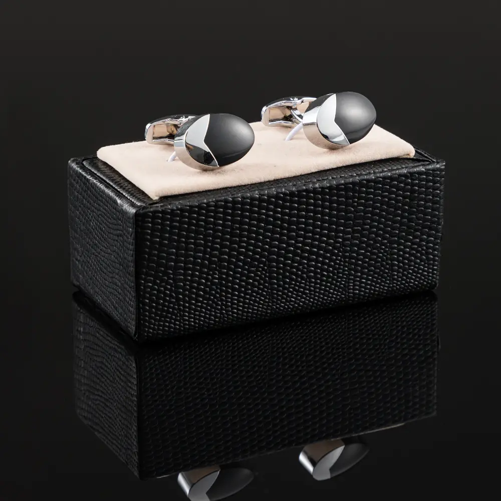 ODM Simple Fashion Black & Silver Curved Edge Cufflinks for Men's Formal Wear Manufacturers, Exporters