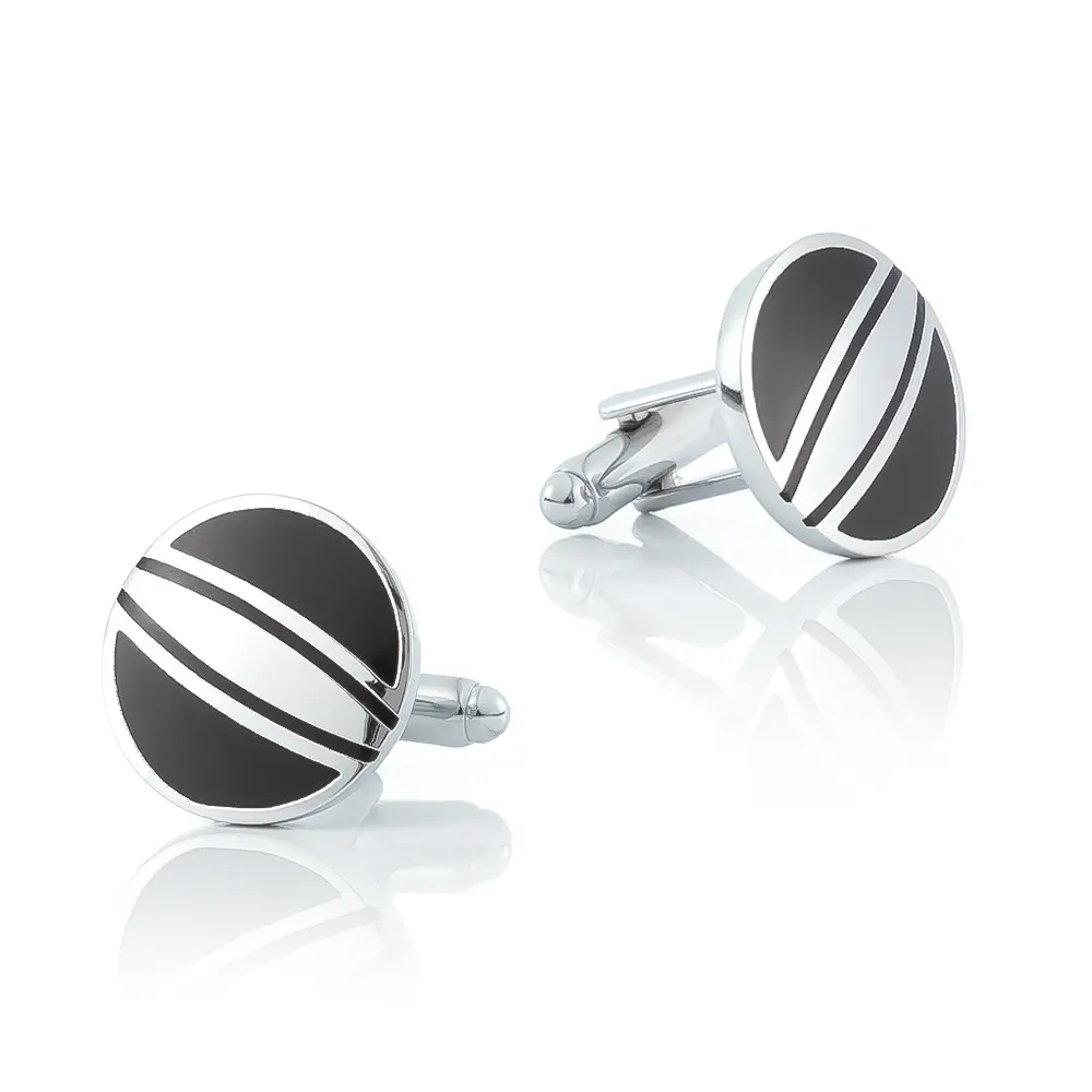 OEM Factory Sales Silver Plated Black Striped Round Enamel Cufflinks Gentleman Accessories CC-Q125