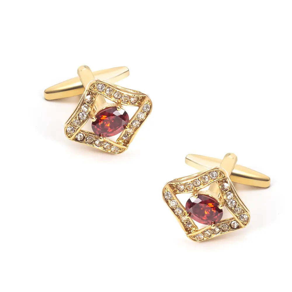 Custom Luxury High Quality 18K Gold Plated Red Stone Zircon Brass Cuff links For Men CS0058-G Suppliers, Company