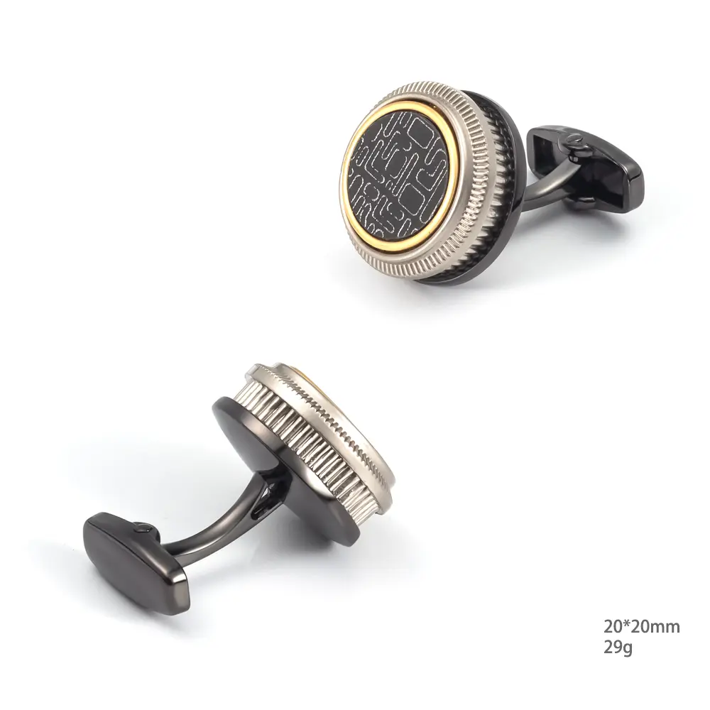 OEM Men's Premium Round Black Gold Color Cufflinks with Vintage Pattern Design Exporters, Companies