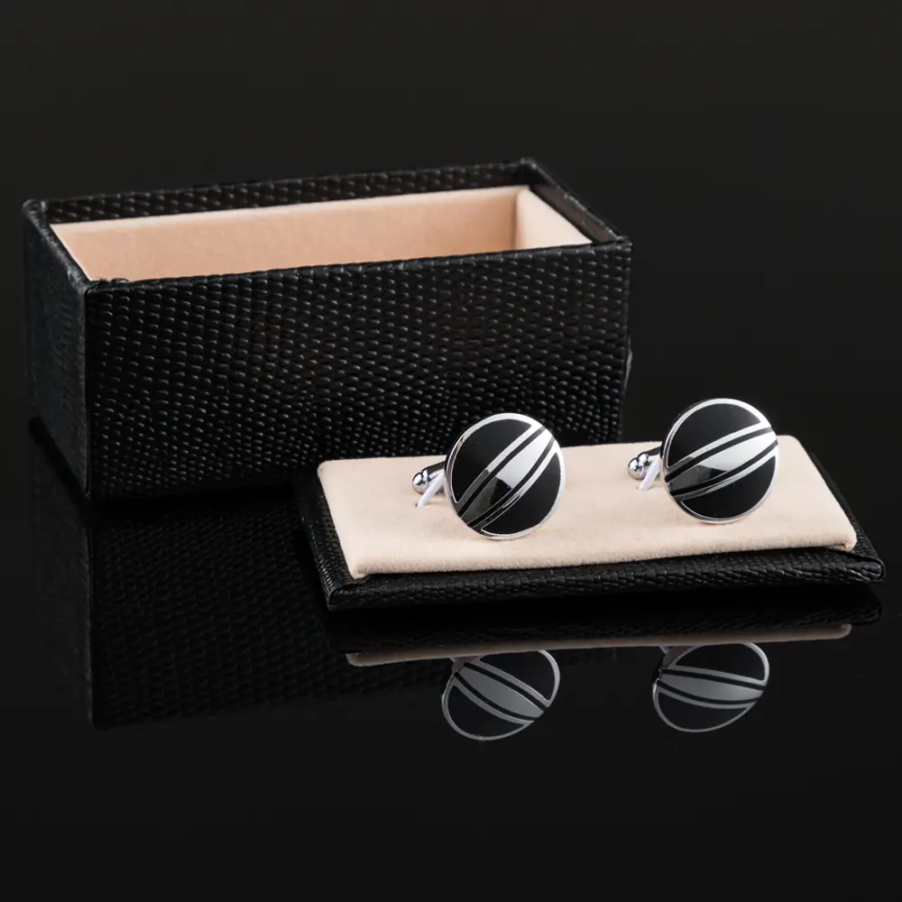 OEM Factory Sales Silver Plated Black Striped Round Enamel Cufflinks Gentleman Accessories CC-Q125