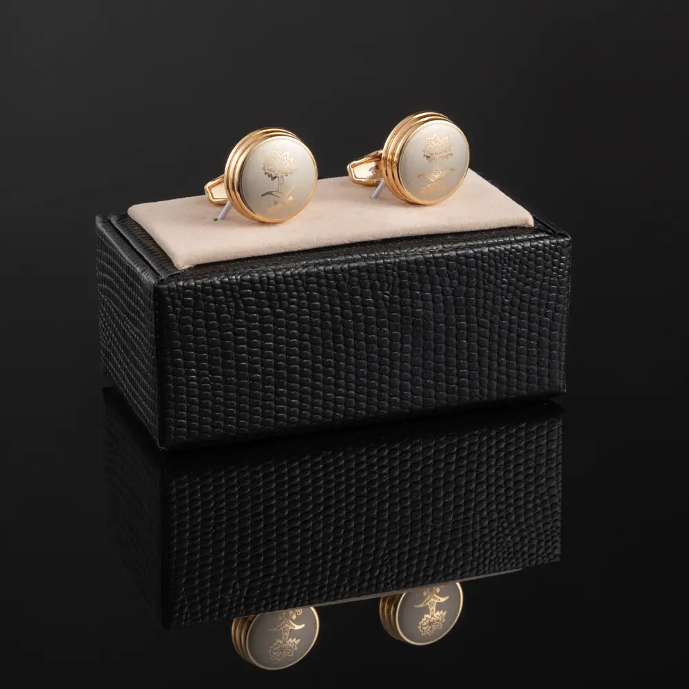 ODM JINJIE New Arabia Golden Palm Tree Pattern Design Round Gold Plated Metal Cuff Links CLW6001-G Factories, Company