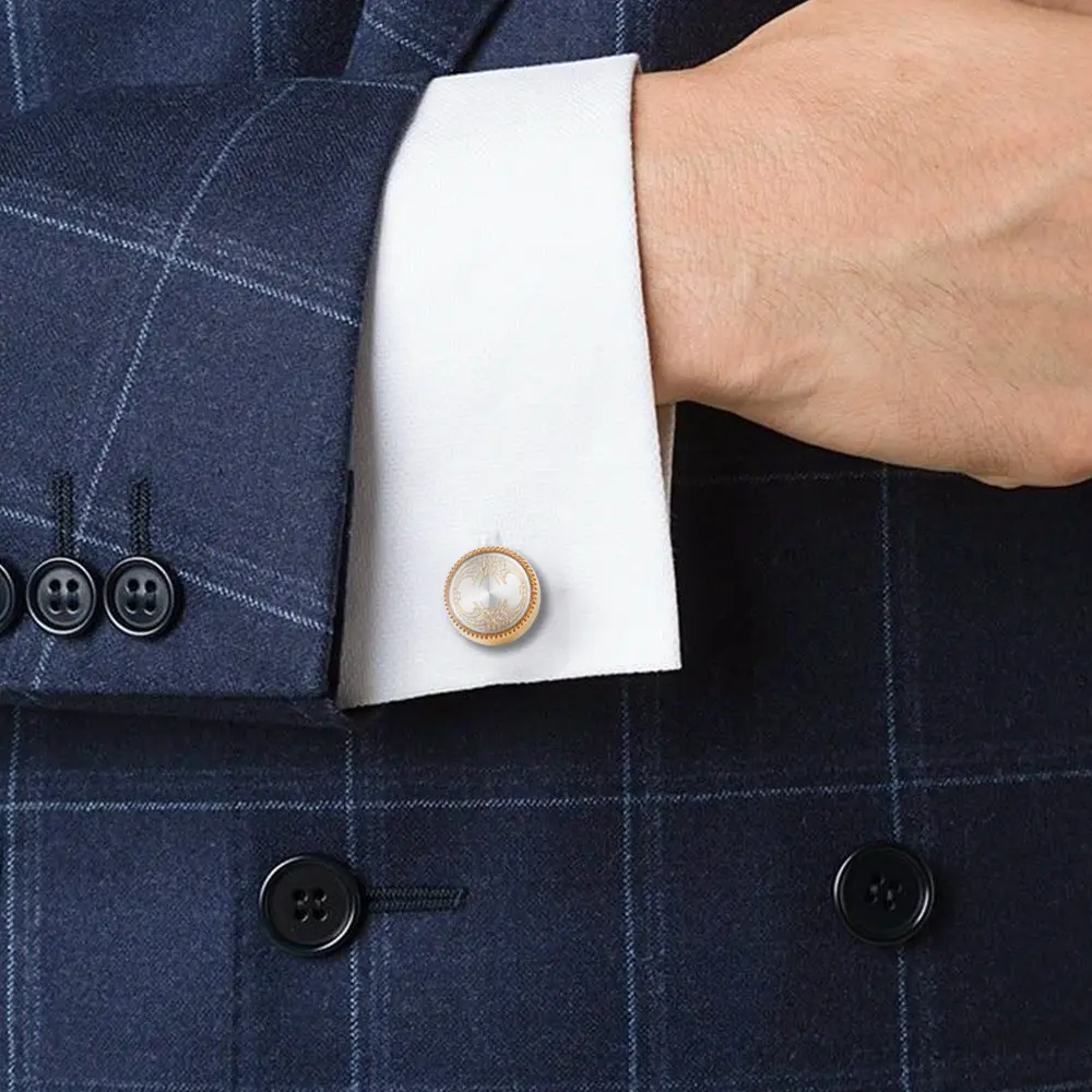 OEM Men Vintage Enamel Circle Golden White Color Cufflinks for Men Tuxedo Shirt Supplier, Factories