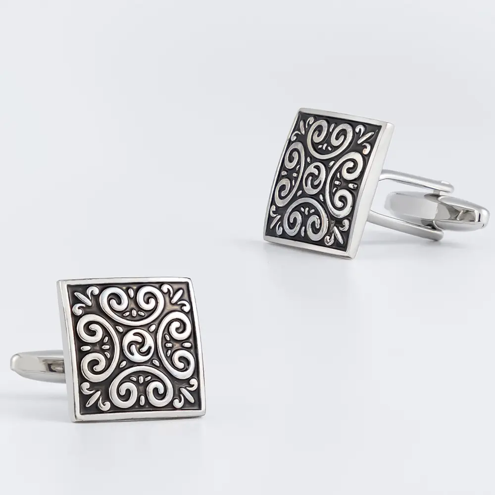 Custom Factory Men's Square Vintage Patterned Baked Lacquer Black Color French Cufflinks Hot Selling Amazon CC0237-S Exporter, Exporters