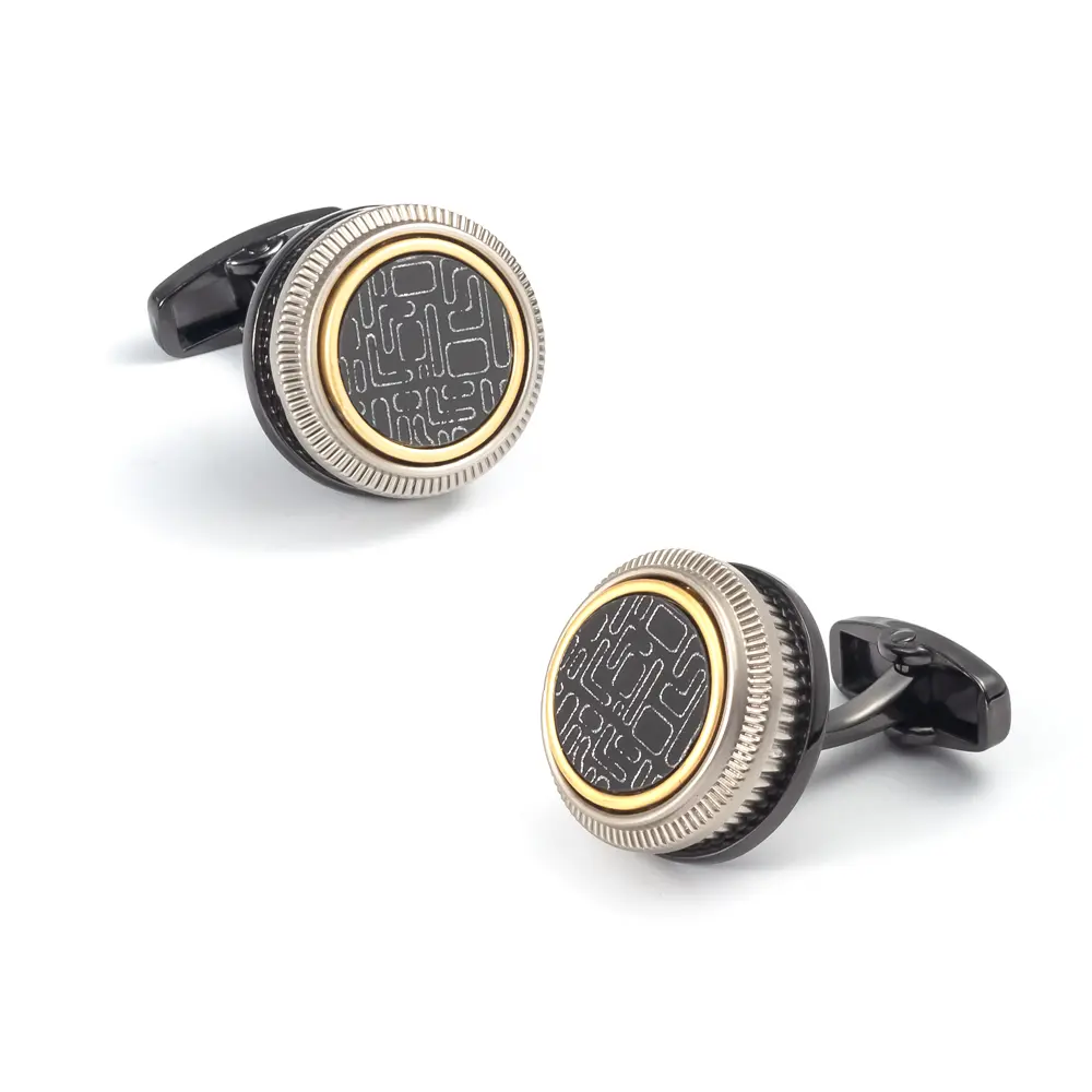 OEM Men's Premium Round Black Gold Color Cufflinks with Vintage Pattern Design Exporters, Companies