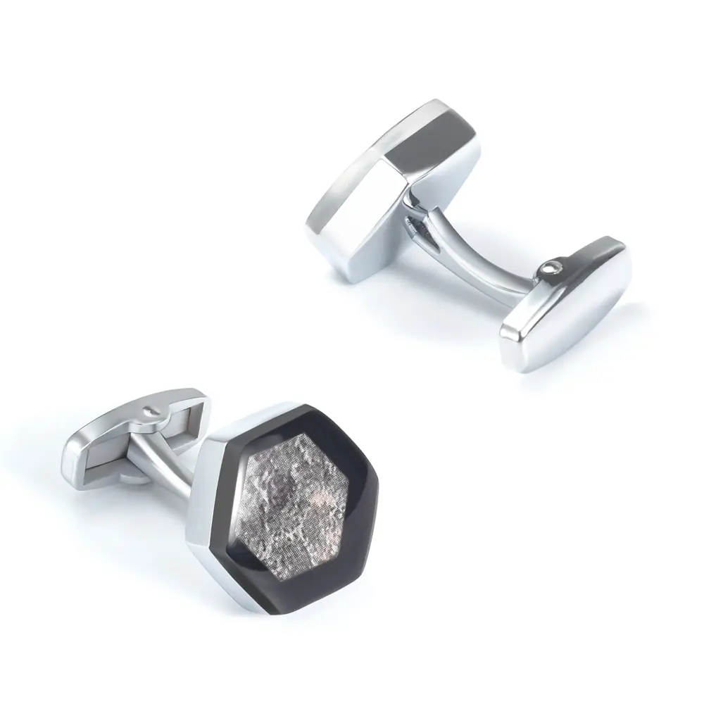 ODM Balck Hexagon Shape with Marble Stone Design Silver Cufflinks for Mens Suppliers, Exporter