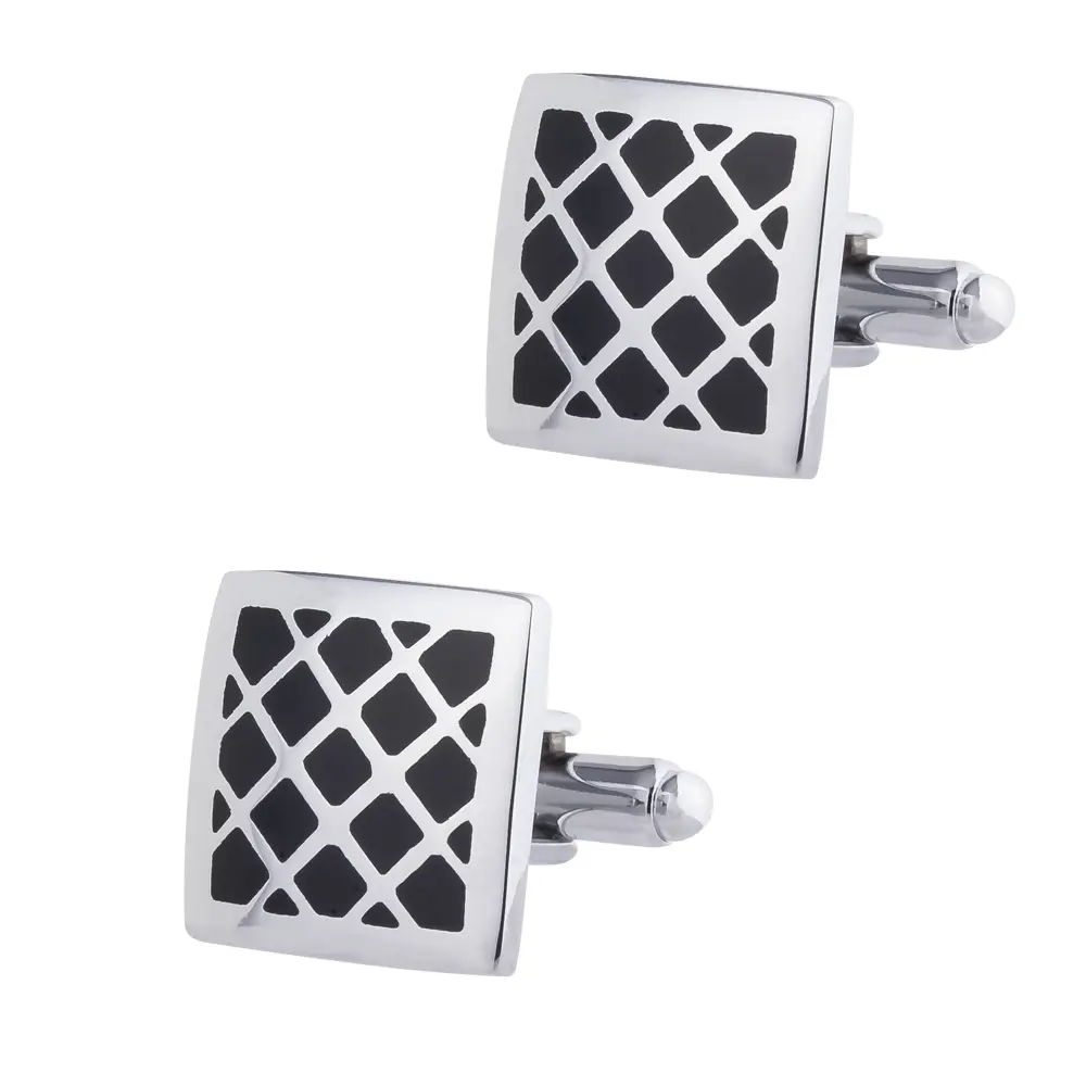 OEM JINJIE Cheap Men Silver Plated Gridding Black Enamel Cuff links Bussiness Wholesale CC-Q023-1 Factory, Exporters