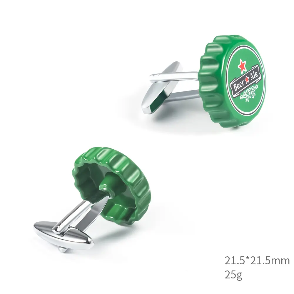 Wholesale Factory Design Funny Novelty Copper Men Jewelry Green Color Beer Cap Cufflinks for Men CC0323 Supplier, Exporter