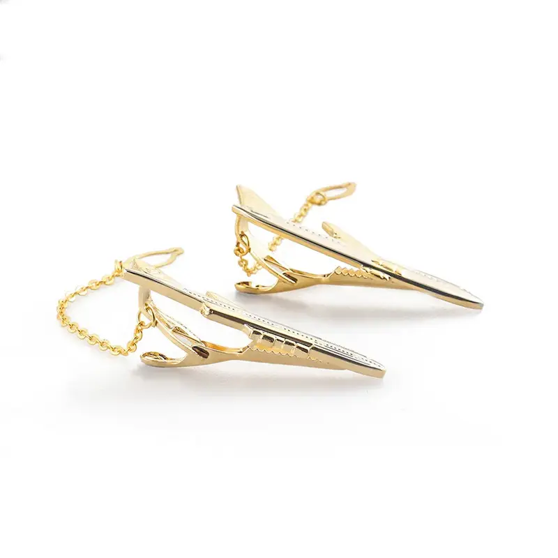 Wholesale Brass Material Novelty Golden Color Airplane Tie Clip with Chain for Men Manufacturer, Company