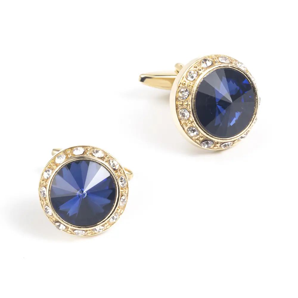 Custom Fashion Round Shaped Blue Golden Custom Stone Gold Plated Cufflinks For Men Shirt CS0077-GL Factories, Exporter