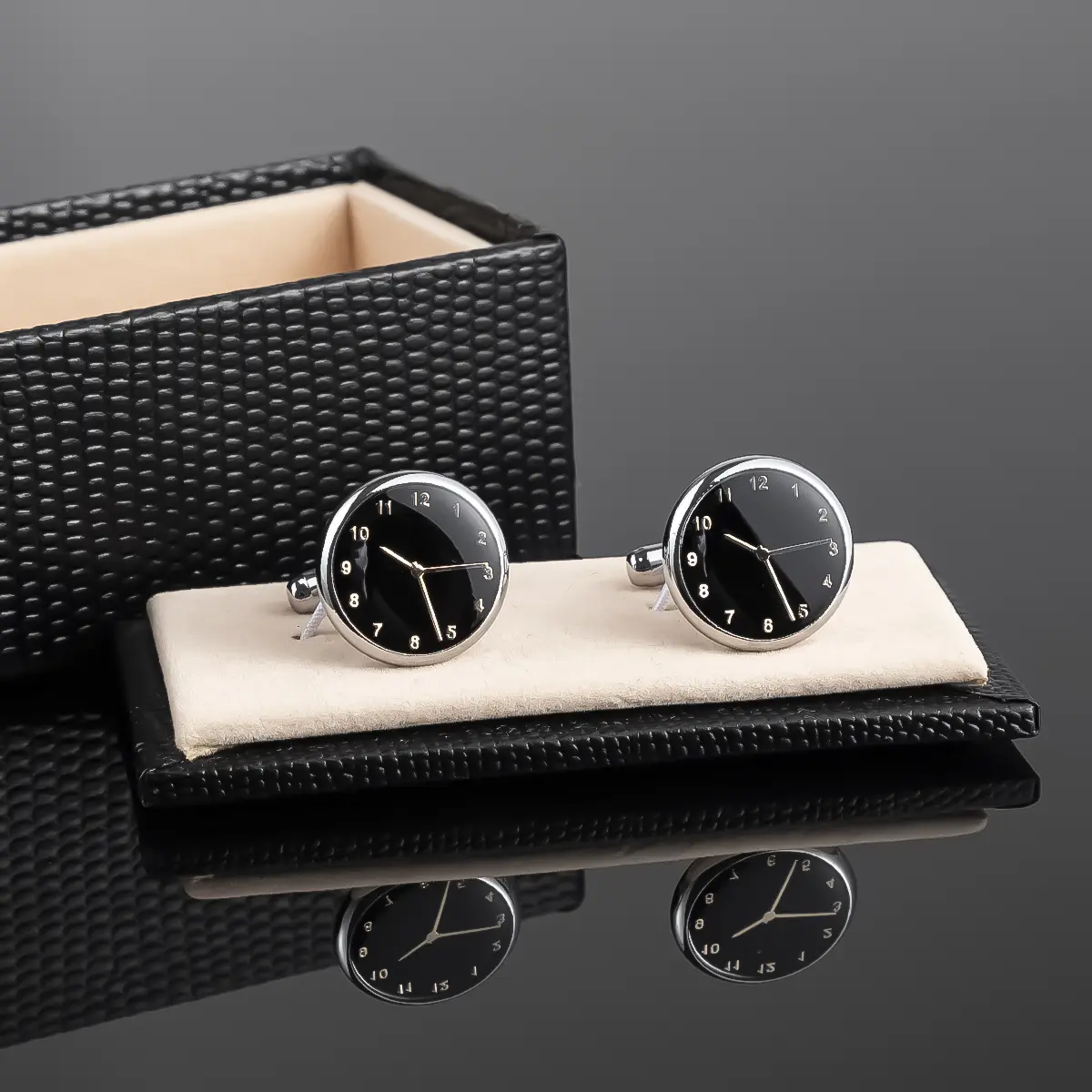 OEM Silver Plated Round Black Watch Clock Design Cuff links Wholesale Factory, Factories