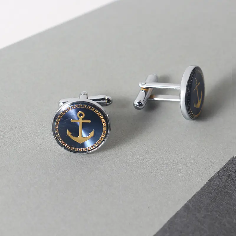 ODM French Silver Blue Round Enamel Boat Anchor Mens Cufflinks Wholesale Manufacturers, Companies