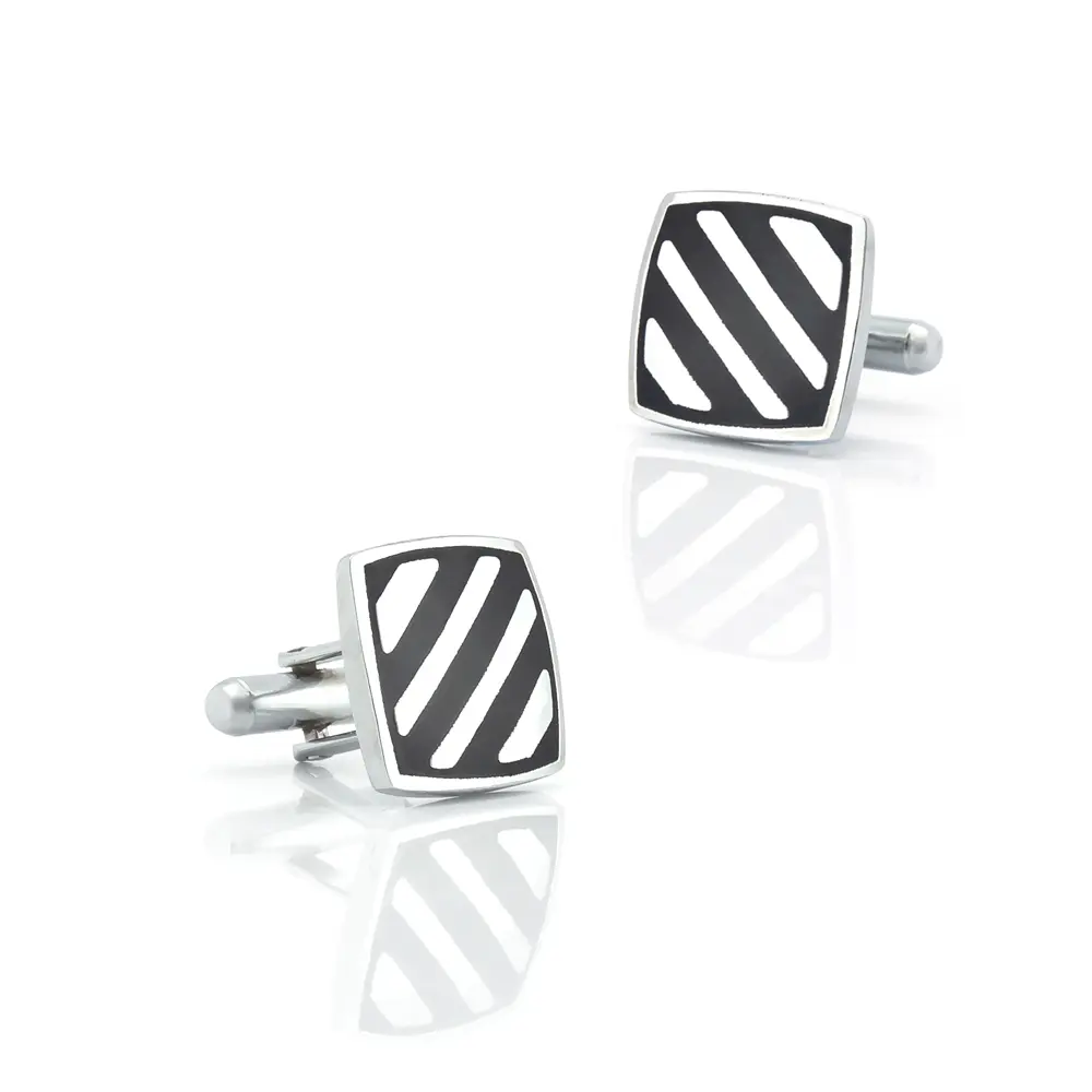 ODM Cufflinks Factory Low Price Black & Silver Striped Twill Drop Oil Square Cufflinks CC-Q079 Factory, Factories