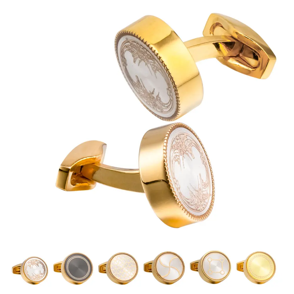 OEM Men Vintage Enamel Circle Golden White Color Cufflinks for Men Tuxedo Shirt Supplier, Factories