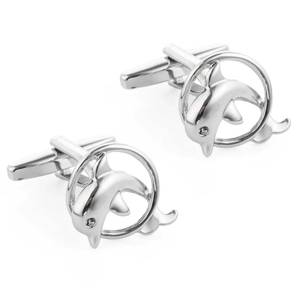 Wholesale Men's Trendy Novelty Copper Metal Silver Plated Dolphin Animal Cufflinks CL0042