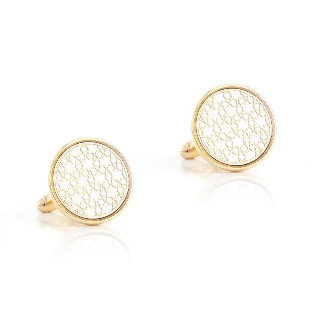 Custom High End Golden Plated White Pattern Round Copper Cufflinks Men's Accssories CA9002 Manufacturers, Exporters