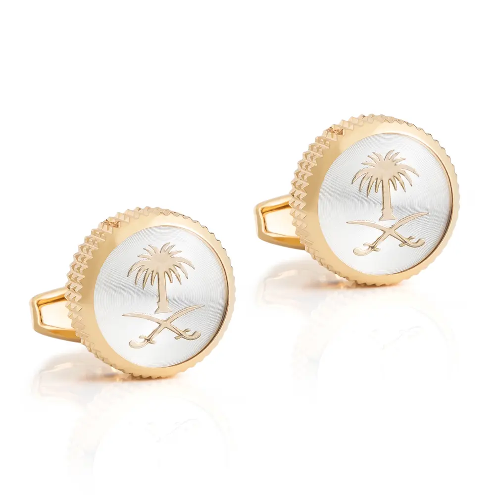 OEM JINJIE Wholesale Saudi Arabia Emblem Palm Coconut Tree Round Rose Golden Plated Metal Cuff Links CLW6002 Manufacturers, Company