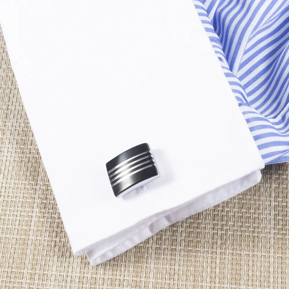 Wholesale Cufflinks Supplier Stripe Enamel and Onyx White Copper-Plated Brass Cufflinks Wholesale CC-Q100 Manufacturer, Factory