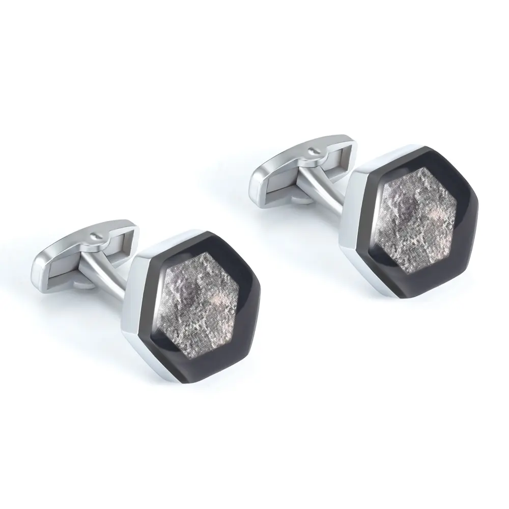 ODM Balck Hexagon Shape with Marble Stone Design Silver Cufflinks for Mens Suppliers, Exporter
