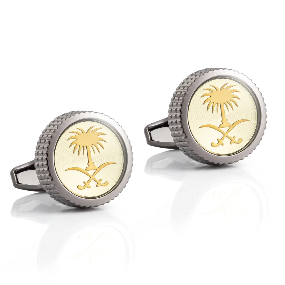 OEM JINJIE Wholesale Saudi Arabia Emblem Palm Coconut Tree Round Rose Golden Plated Metal Cuff Links CLW6002 Manufacturers, Company