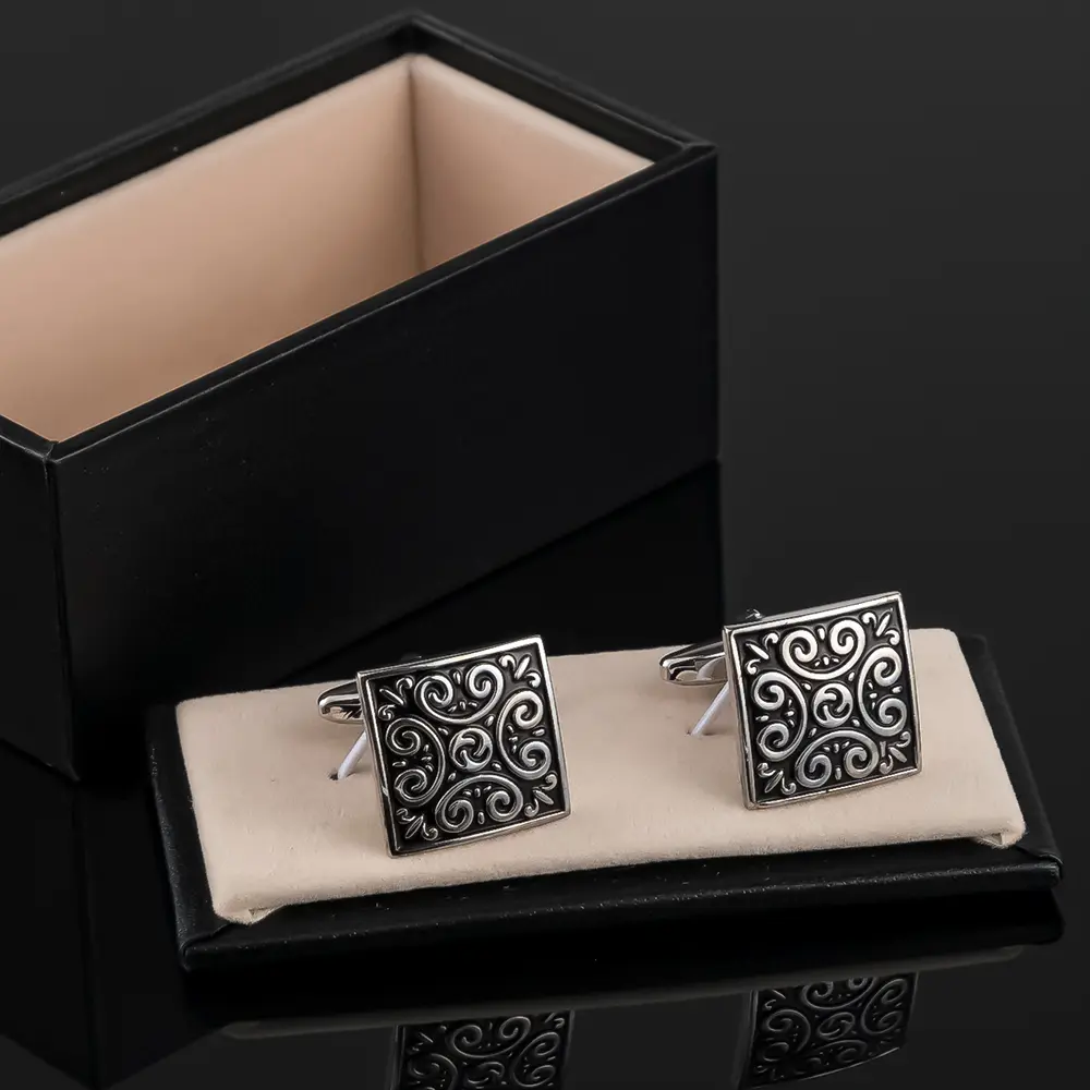 Custom Factory Men's Square Vintage Patterned Baked Lacquer Black Color French Cufflinks Hot Selling Amazon CC0237-S Exporter, Exporters