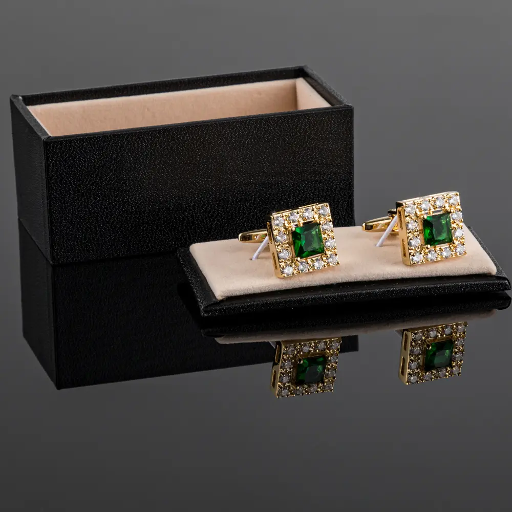 OEM New High Quality Luxury Gold Plated Square Emerald & Diamond Cufflinks For Men Suits CS8372-G3 Factory, Company