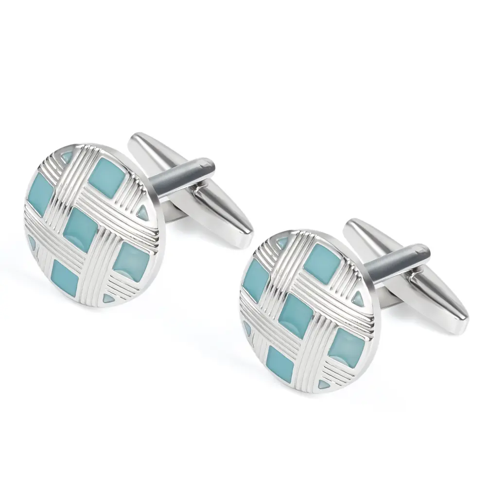 OEM Factory Round Silver & Blue Enamel Lattice Cufflinks Supply OEM Custom Design CC0261 Suppliers, Exporter