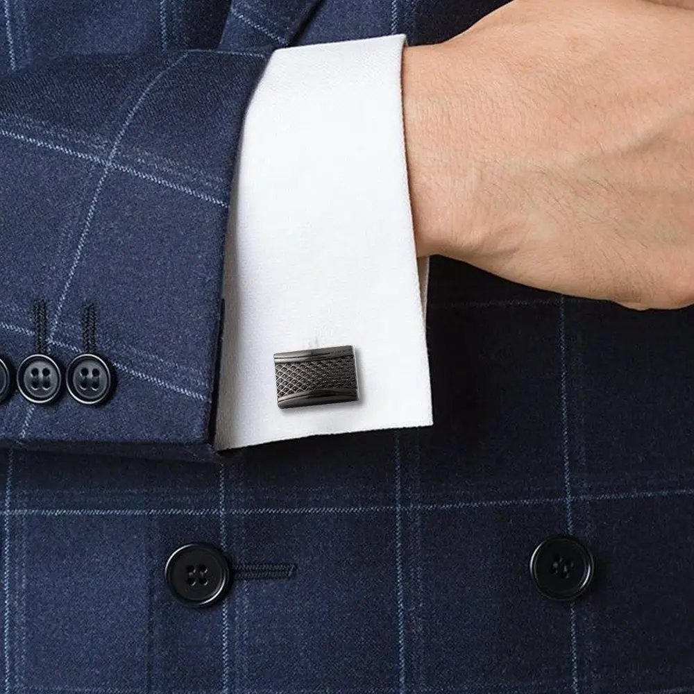 ODM Laser Metal Engraving Rectangle Shaped Premium Grid Cufflinks Gunmetal CLW0007-B Exporters, Companies