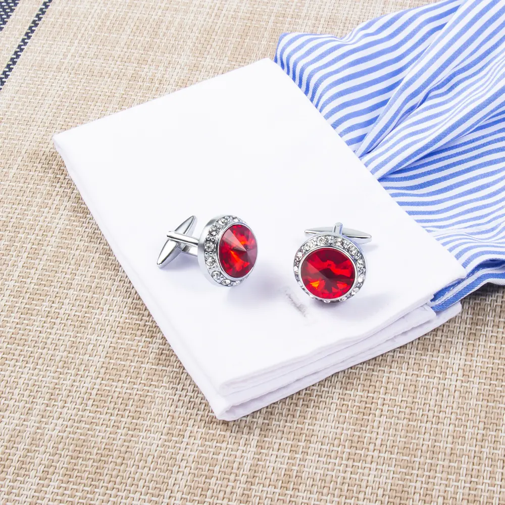 Wholesale Fashion Round Red Custom Stone Silver Plated Cufflinks For Men Shirt CS0077-SR