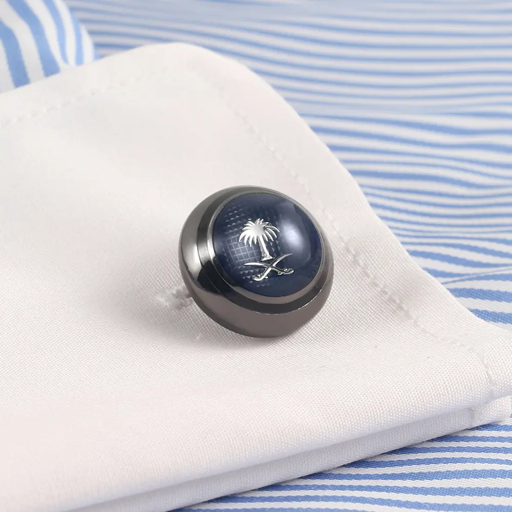 Wholesale Custom Round Coconut Tree Pattern French Enamel Cuff Link Black