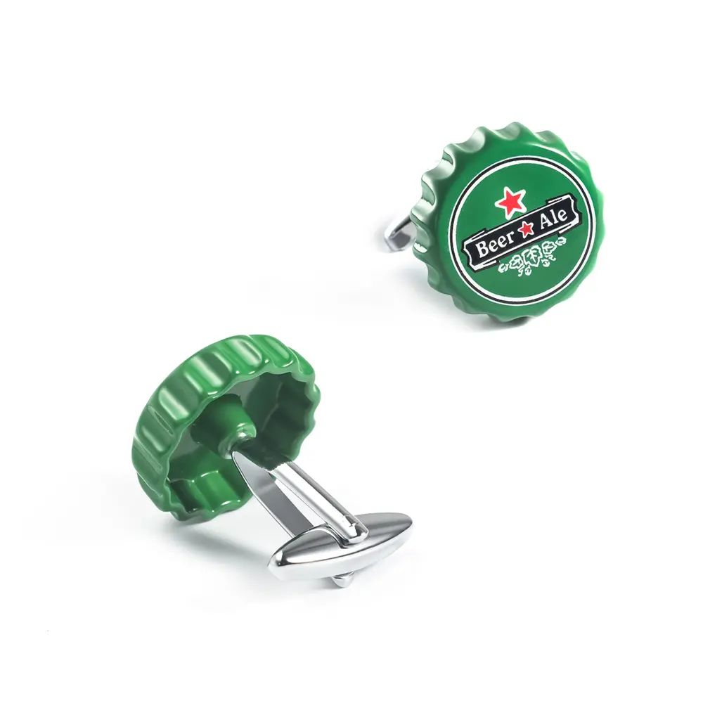 Wholesale Factory Design Funny Novelty Copper Men Jewelry Green Color Beer Cap Cufflinks for Men CC0323 Supplier, Exporter