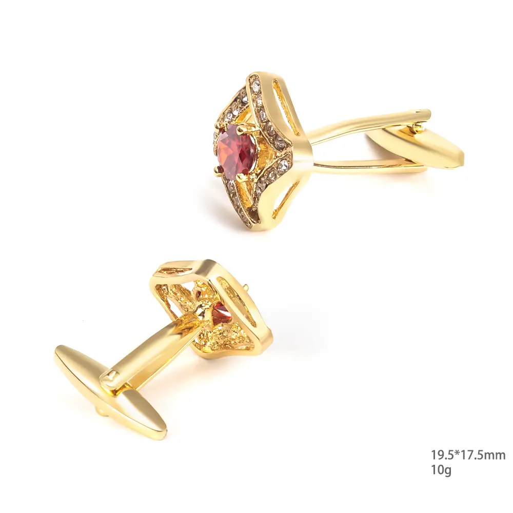 Custom Luxury High Quality 18K Gold Plated Red Stone Zircon Brass Cuff links For Men CS0058-G Suppliers, Company
