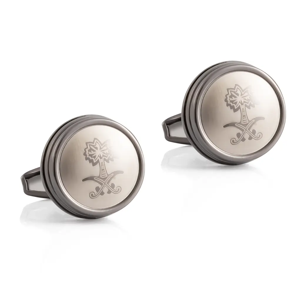 Custom JINJIE Arabia Hot Selling Palm Tree Pattern Design Round Black Metal Cuff Links CLW6001-B Exporter, Companies