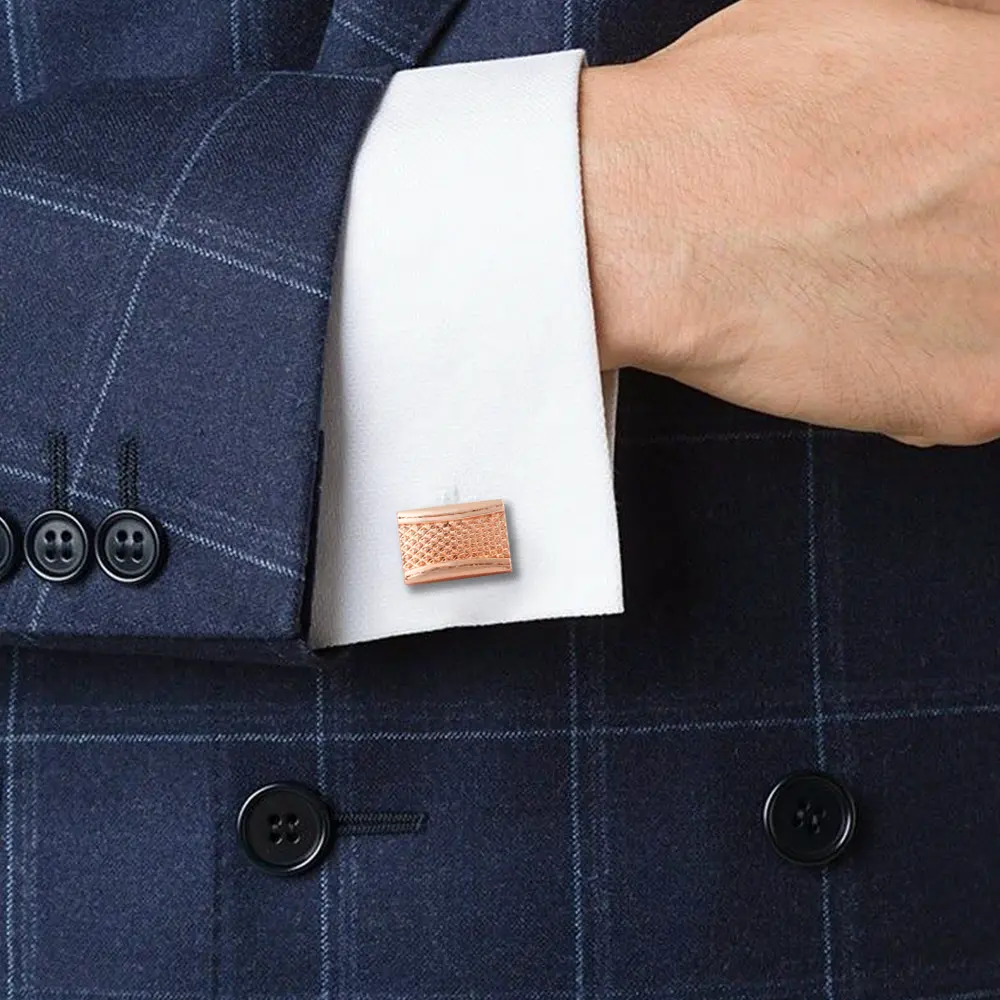 ODM Laser Metal Engraving Rectangle Shaped Premium Grid Cufflinks Luxury Rose Gold CLW0007-RG Exporter, Exporters
