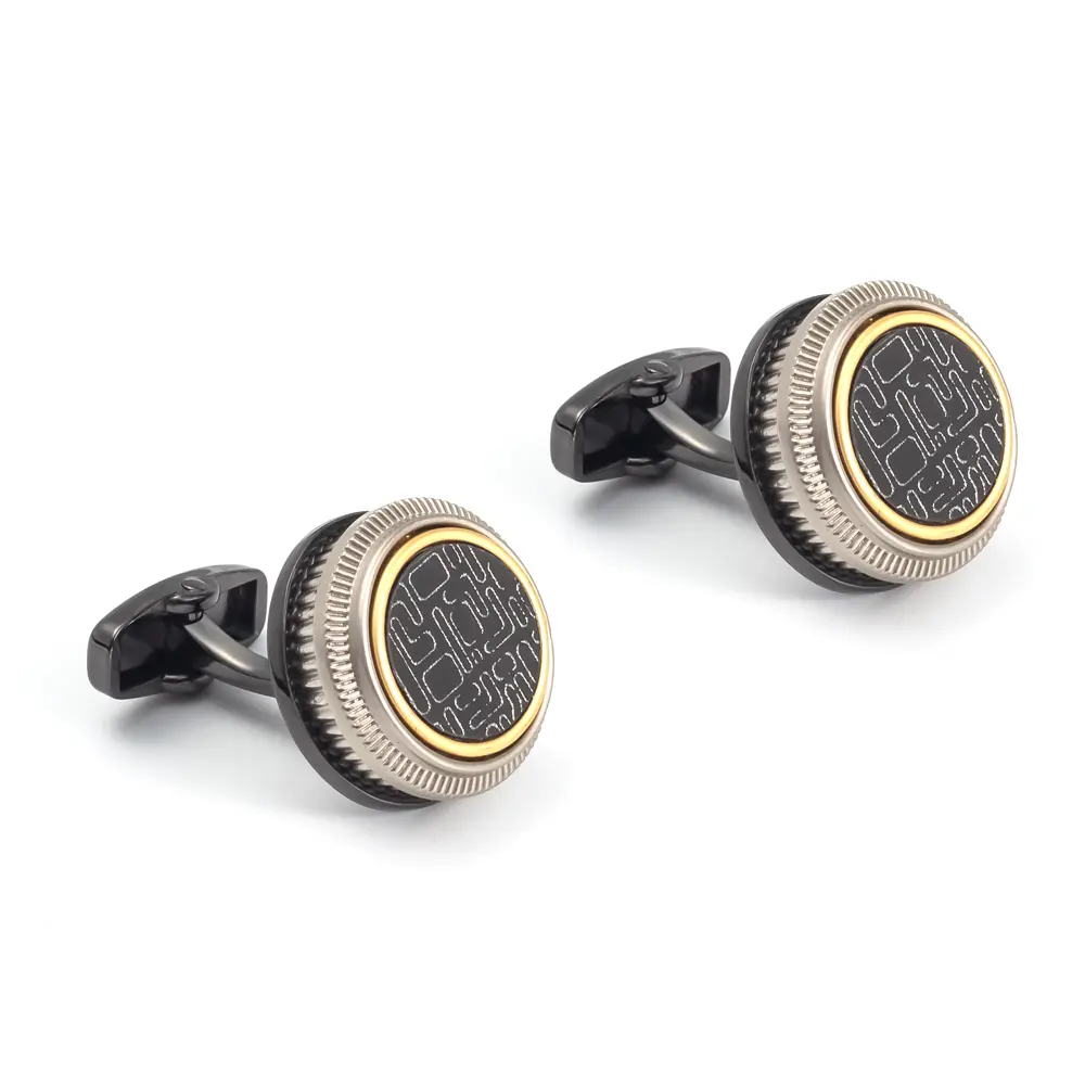 OEM Men's Premium Round Black Gold Color Cufflinks with Vintage Pattern Design Exporters, Companies