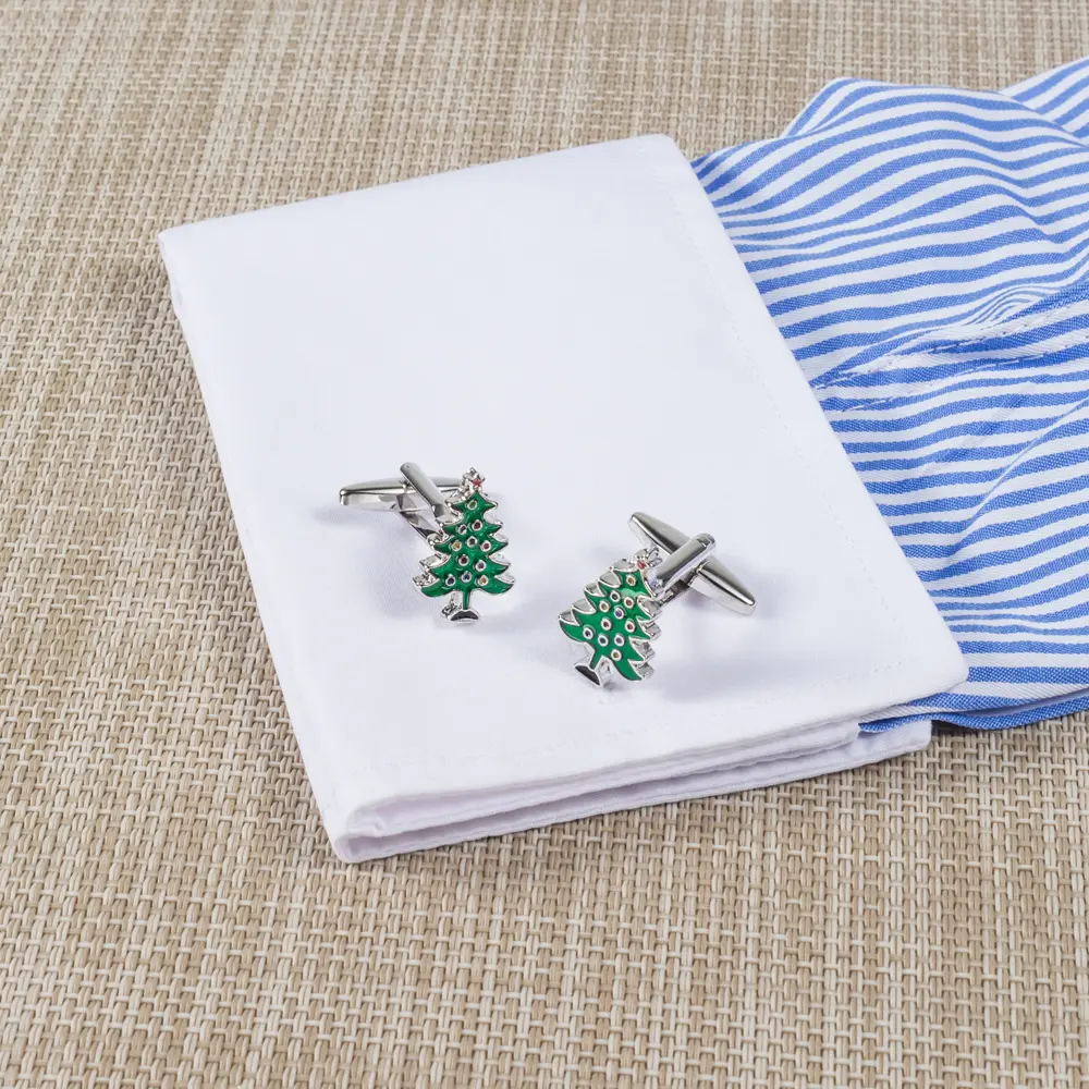 Wholesale Custom Silver Color Men Cufflinks Green Christmas Tree Men Gifts CC0027