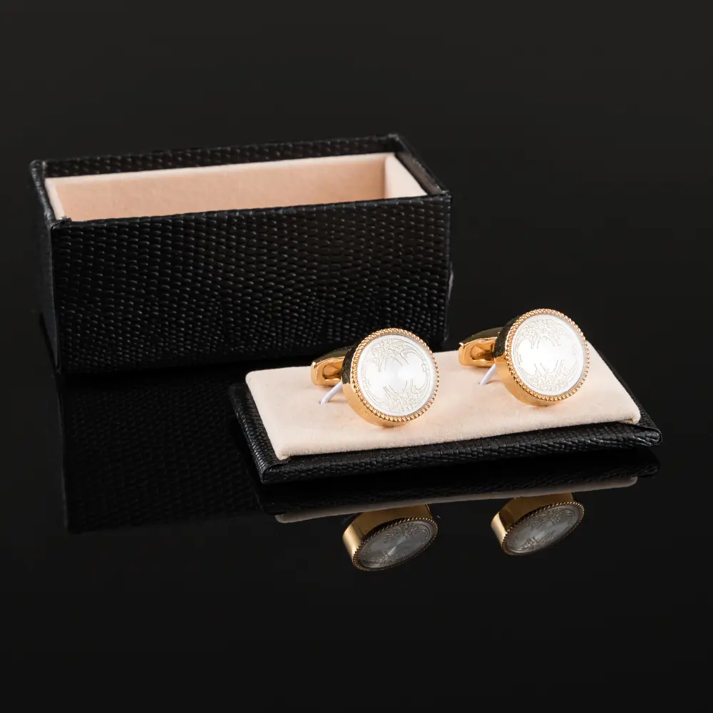 OEM Men Vintage Enamel Circle Golden White Color Cufflinks for Men Tuxedo Shirt Supplier, Factories