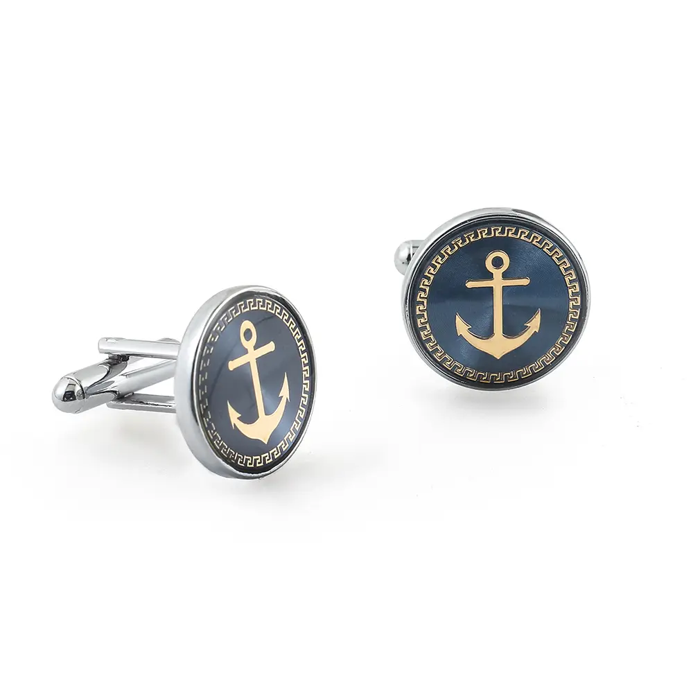 ODM French Silver Blue Round Enamel Boat Anchor Mens Cufflinks Wholesale Manufacturers, Companies