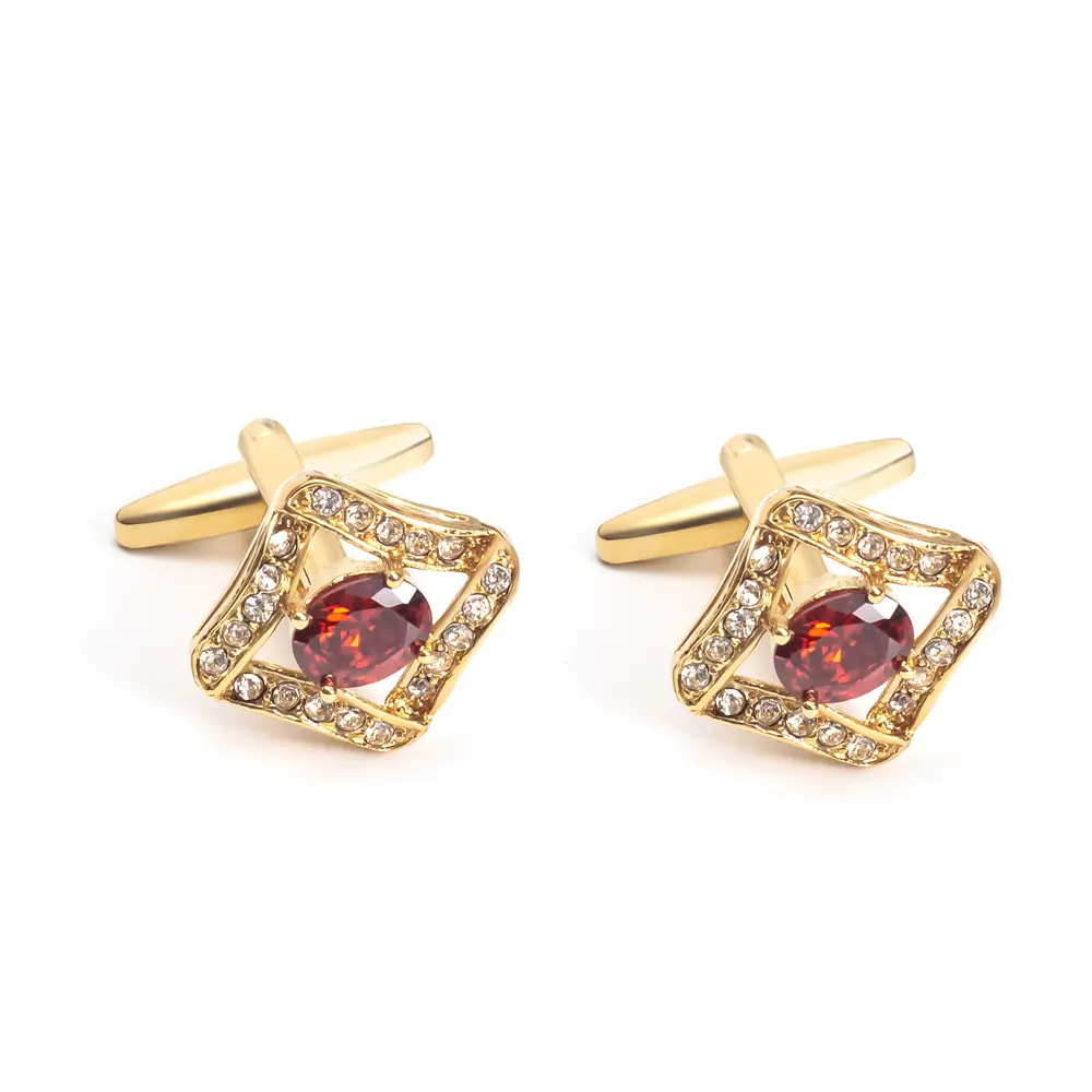 Custom Luxury High Quality 18K Gold Plated Red Stone Zircon Brass Cuff links For Men CS0058-G Suppliers, Company
