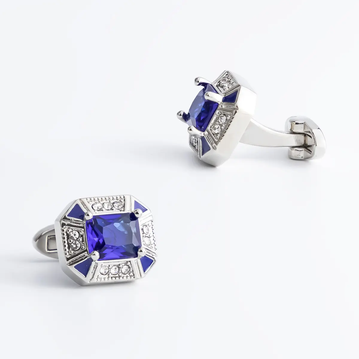 Custom JINJIE Luxury Crystal Blue Sapphire Cufflinks Men's Zircon Square Cuff Link Wholesale Price CS0104-S Manufacturer, Manufacturers